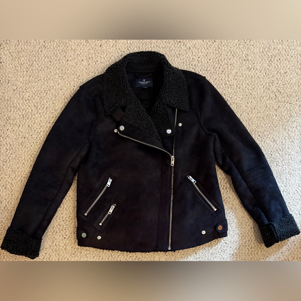 American Eagle Outfitters Faux Suede & Faux Shearling Charcoal Moto Jacket Sz S - Picture 11 of 12